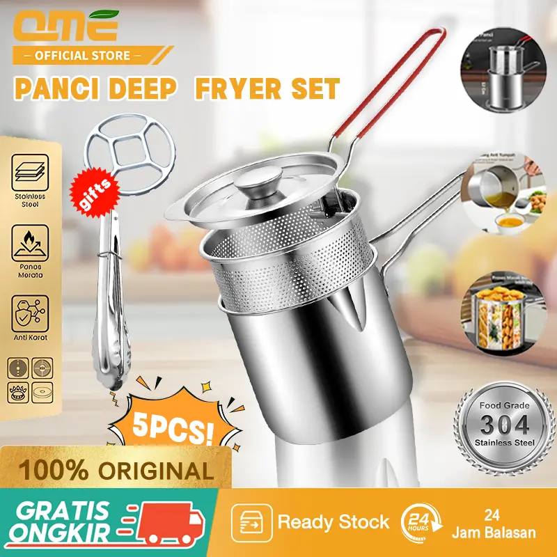 QME - Penyaring Minyak Multifungsi Deep Fryer Pan 5in1 dengan Penutup Stainless Steel Gratis Capitan & Tatakan Kitchenware 0