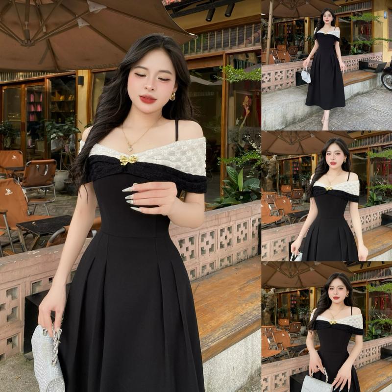 CE38 - Váy Thiết Kế Evii dành cho nữ, Đầm thiết kế trễ vai, 2 dây liền, phối ren hoa nổi (tặng kèm tag cài) dáng A xòe dài phù hợp đi làm, đi chơi và đi dự tiệc. Có Bigsize Women Dress