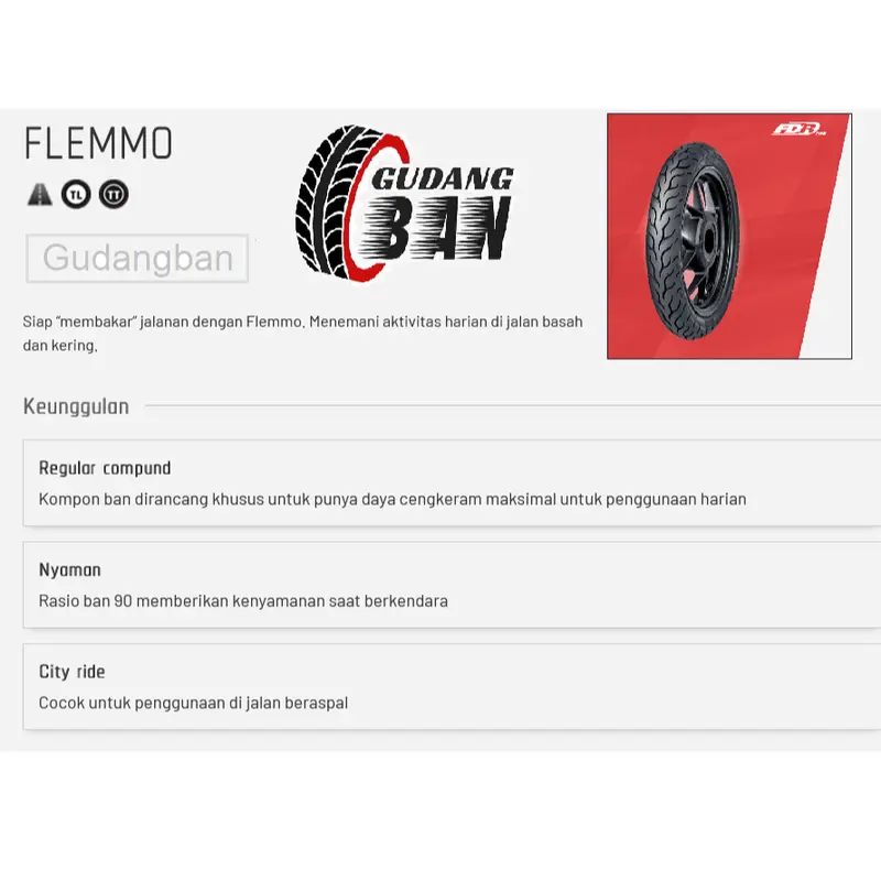 FDR  80 90 14 / 90 90 14 / 100 90 14 FLEMINO  atau  FLEMMO 80 90 14 / 90 90 14 Ban luar motor Matic Tubeless Varian 2