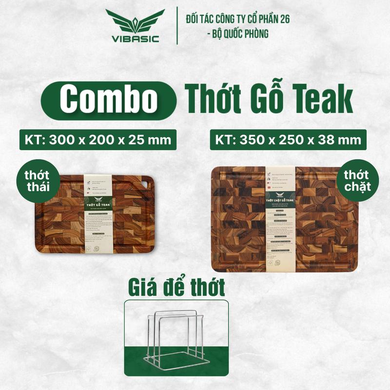  Combo 2 thớt gỗ Teak ghép dựng tiện lợi dùng để cắt thái và băm chặt kèm kệ đựng thớt inox 2 ngăn 