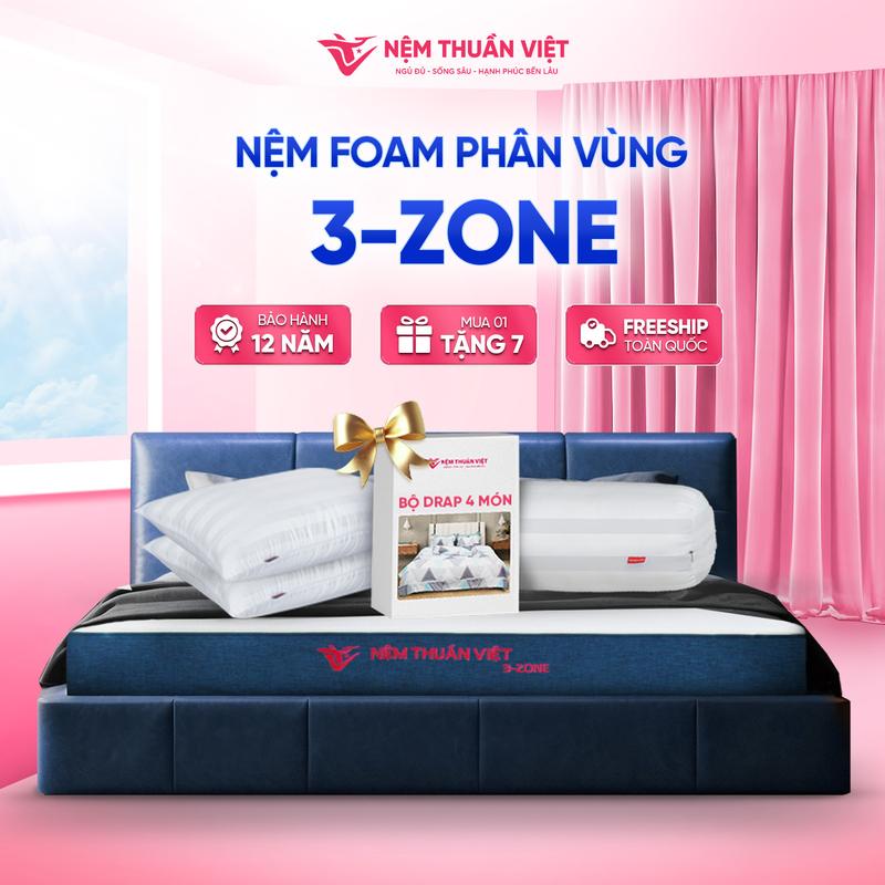 [Mua 1 Tặng 7] Nệm Foam Phân Vùng Thuần Việt 3 Zone - Nâng Đỡ 3 Vùng, Êm Ái, Thoáng Khí - Bảo Hành 12 Năm