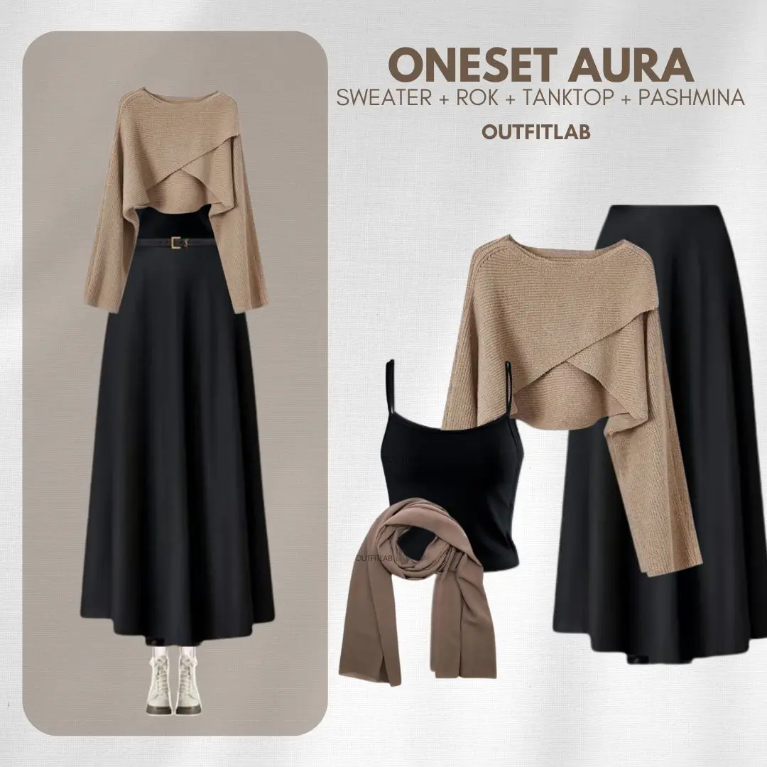 Bramantyashop - Outfit Set Aura Setelan Bukber Lebaran ( Sweater + Inner + Rok + Pashmina )One Set OOTD Hijab Remaja Kekinian Halal Bihalal Baju Muslim