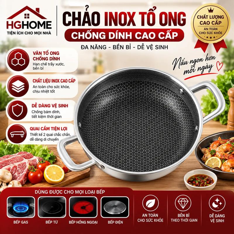 Chảo chống dính vân tổ ong có quai cầm size 28cm - chảo inox tổ ong chống dính cao cấp dùng cho mọi loại bếp - HGHOME