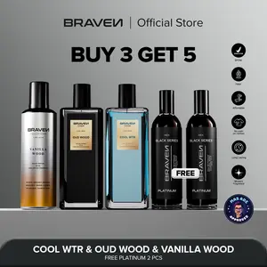 【BUY 3 GET 5】Braven Code Cool WTR EDP + Braven Code Oud Wood EDP + Braven Collection Vanilla Wood + FREE 2 Pcs Platinum - Parfum Pria 100ML