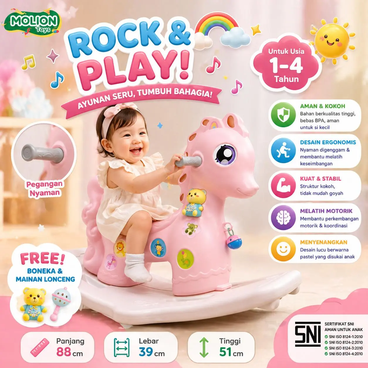 Kuda Kudaan Anak MOLION M1005 – Rocking Horse Musik, Mainan Anak 1–6 Tahun Ergonomis & Aman, Hadiah Anak