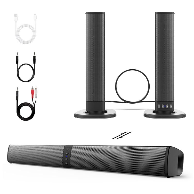 Small Bluetooth Sound Bar for TV, PC Speakers Soundbar 20W, Computer Soundbar for Monitor with USB, TF, FM, TWS, RCA & AUX Playback, 2000mAH Battery, Detachable 7