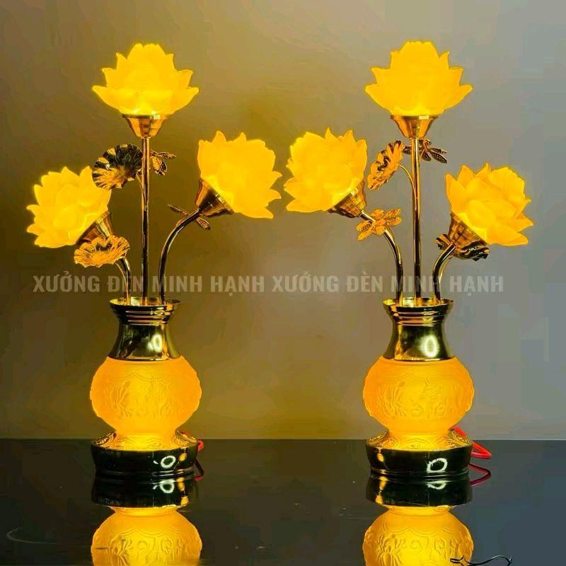 Đèn Thờ 3 Bông Hoa Sen Lưu Ly - 2 Kiểu Dáng: Bình Tẽ & Bình Thủy Tinh Tuyết | Mẫu Mới Cao 42,5cm | Giá 1 Đôi | Quà Tặng LED Dự Phòng | Hàng Loại 1 Minh Hạnh
