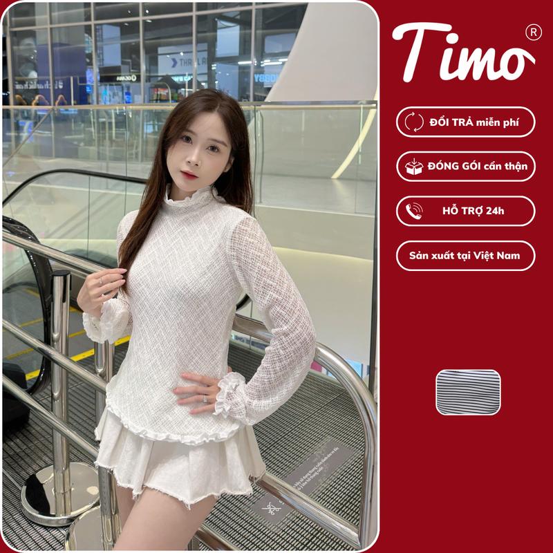 HOT TREND - Áo thun ren CÓ LỚP LÓT Timo Áo thun ren cao cổ dài tay phối bèo Áo thun ren giãn dễ phối đồ - AOT070