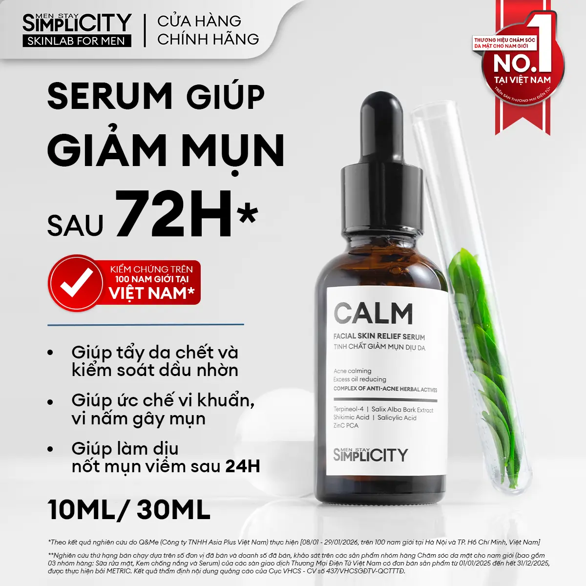 Serum Calm giúp giảm mụn kiềm dầu nam Men Stay Simplicity giúp giảm mụn kiềm dầu, dịu da sưng viêm, kiểm soát dầu nhờn và hạn chế các tác nhân gây mụn 10ml & 30ml