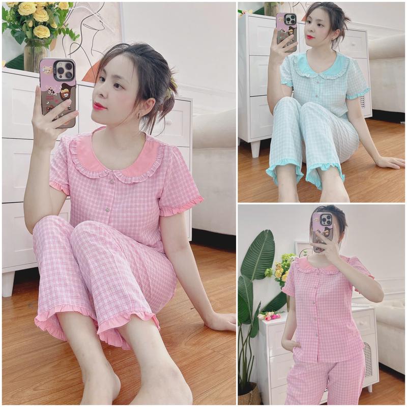 (Châu) Bộ cổ sen phối bèo xanh hồng chất thô mềm