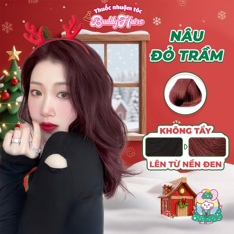  Thuốc nhuộm tóc NÂU ĐỎ TRẦM không cần dùng tẩy tóc của Buddyhairs tặng kèm găng tay mũ trùm trợ nhuộm tiện ích 