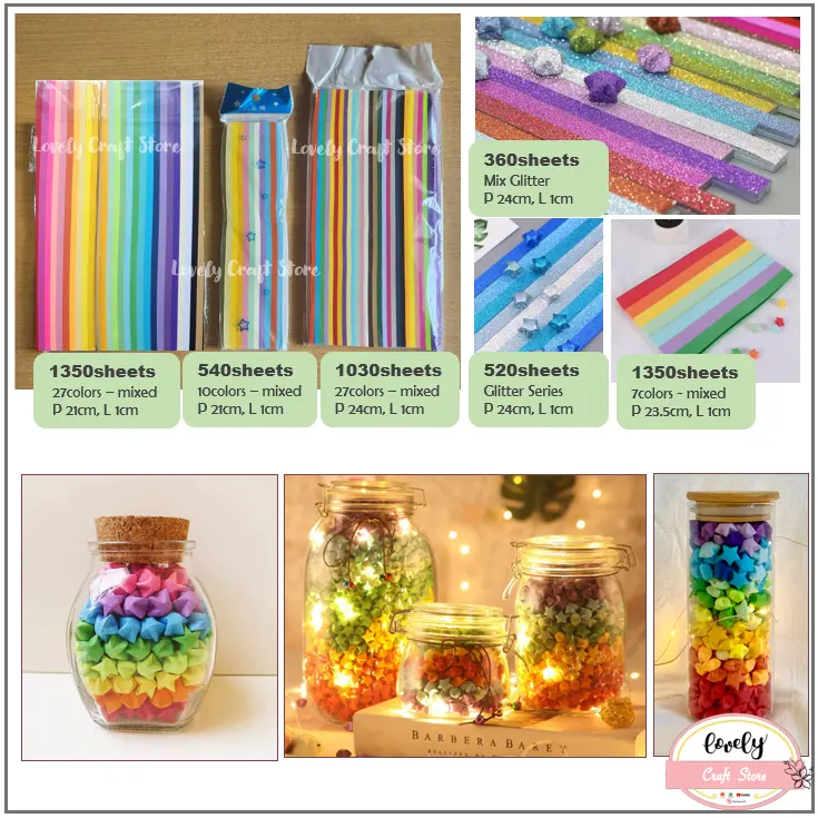 LovelyCraftStore | DIY 540/1030/1350 sheets Star Origami Paper Rainbow Kertas Origami Bintang lebar 1cm, Star Origami Paper, Quilling Paper, Kertas Bintang Star Bottle Botol Bintang