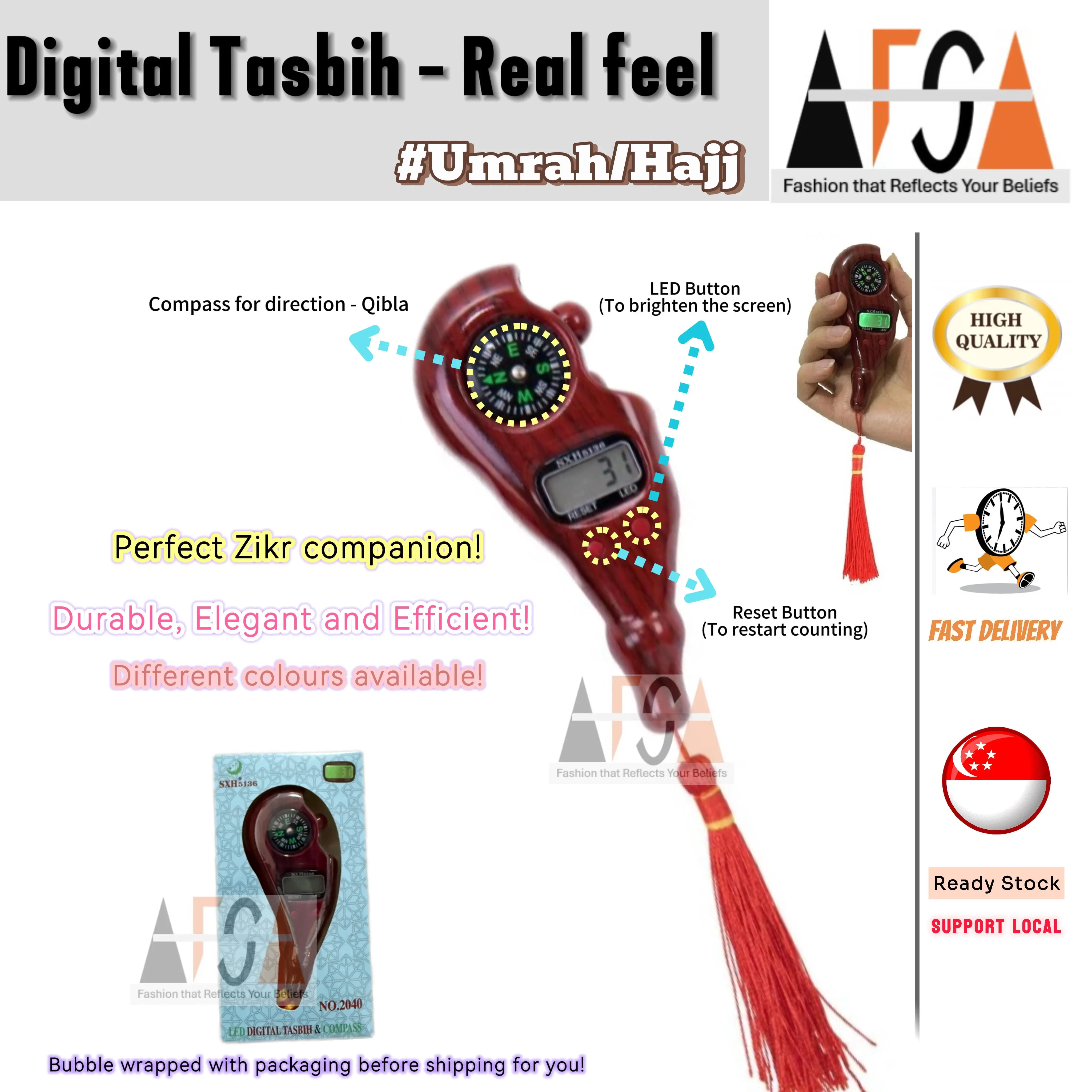 Digital Tasbih Premium LED Light with Compass | Real-Feel Rotating Beads Tally Counter Finger Counter SG SELLER