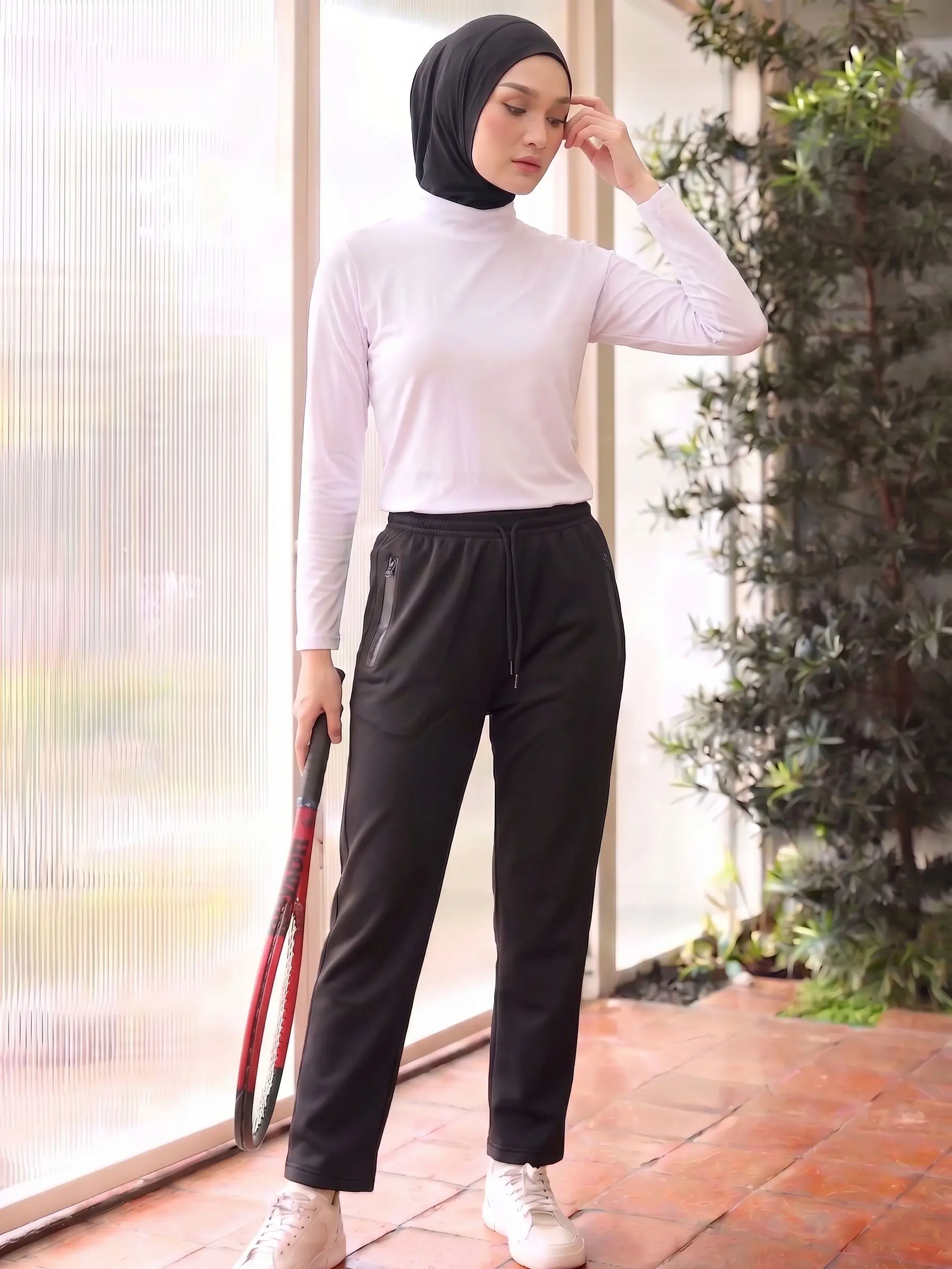 Celana Training Wanita Hijab Friendly Bawahan Olahraga Tenis Lari Bahan Scuba Tebal Melar Hitam Polos Sportpants Modest Activewear