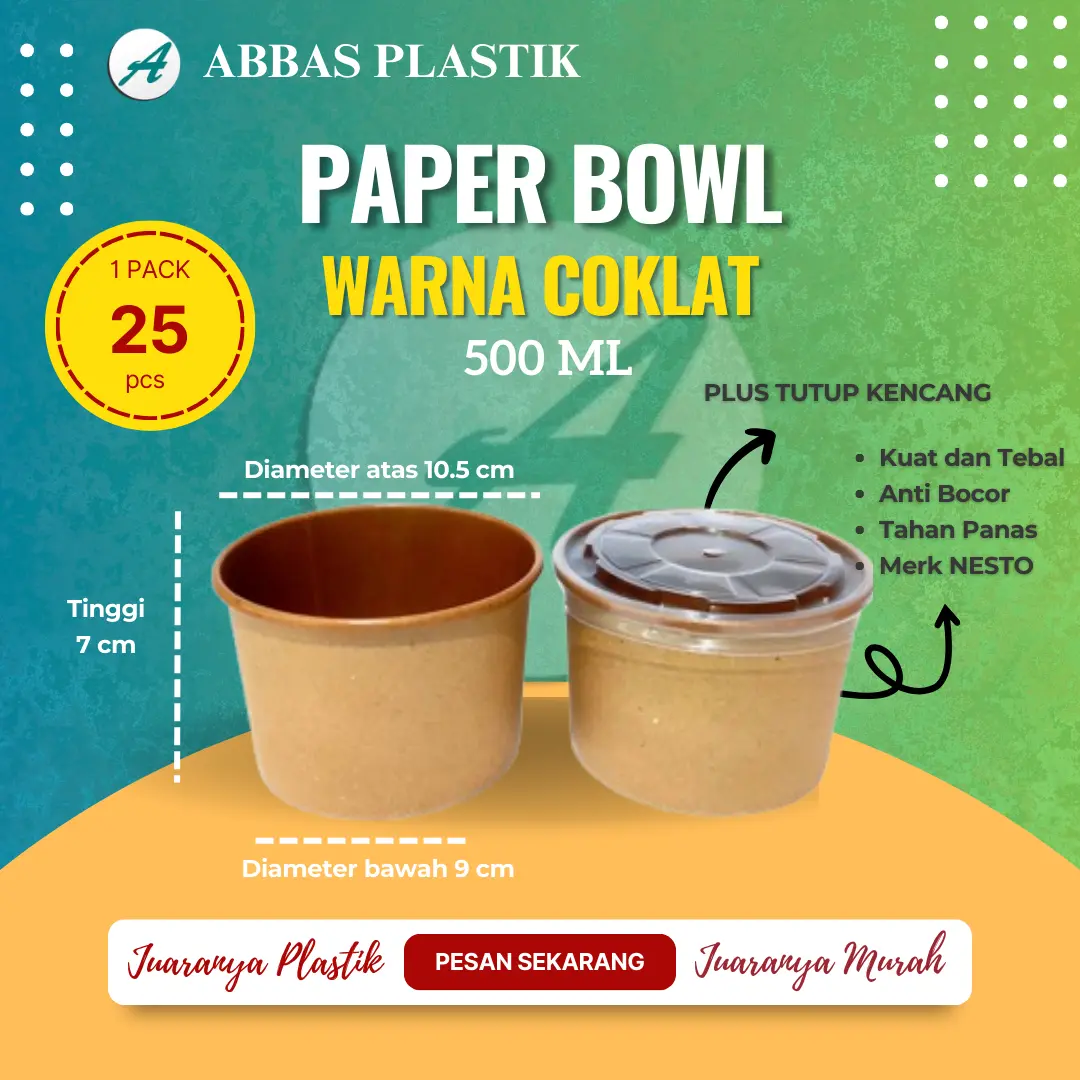 Paper Bowl Bulat Warna Craft + tutup bening / Merk Nesto / Ukuran 500 ml/ 1 pak isi 25 pcs/ Dimensi 7 x 9 x 10 cm