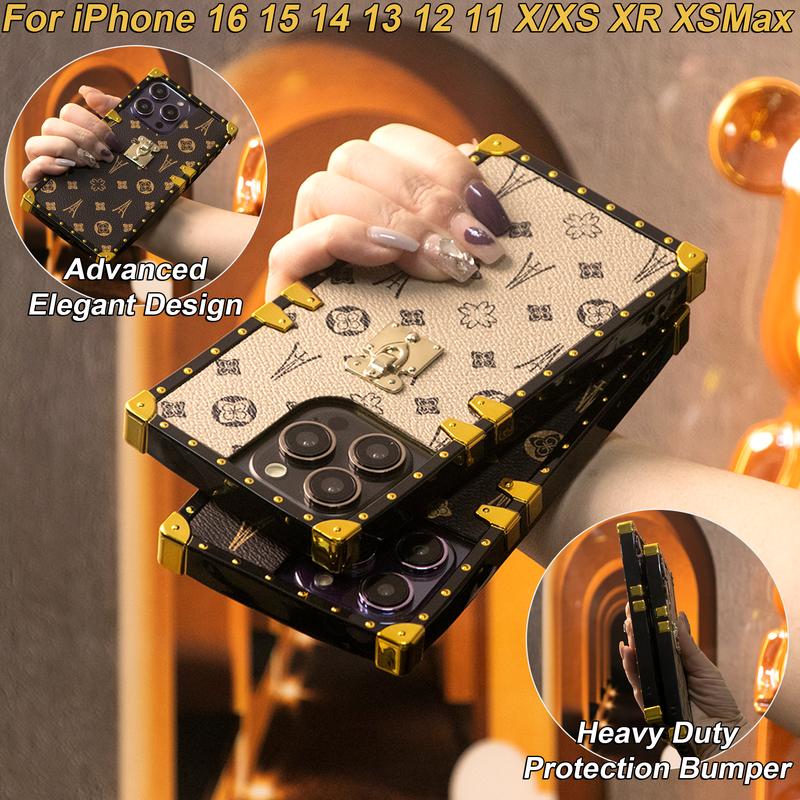 Ốp Chống Sốc Khóa Da Cổ Điển Sang Trọng, Dành Cho iPhone 16ProMax, 16, 15, 14, 13, 12, 11 Plus, Pro Max, X / XS, XR, XSMax, Thời Trang, Ốp Lưng Vuông Chống Sốc, Bao Phủ Toàn Bộ