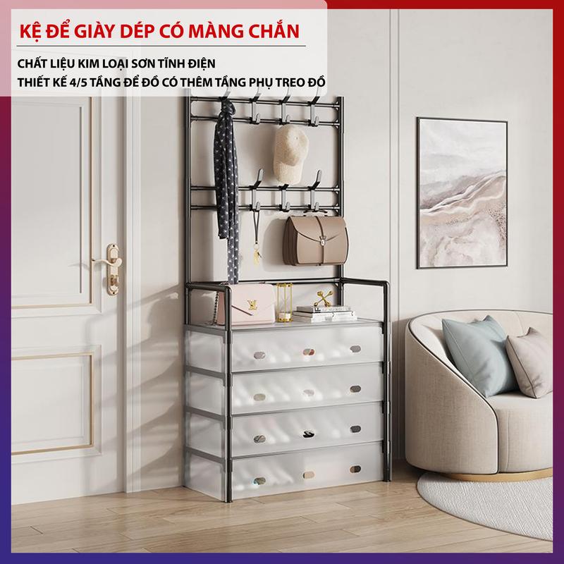 Kệ Để Giày Dép Có Màng Chắn Bụi DLS Kệ 4/5 Tầng Để Giày Dép Khung Thép Carbon Sơn Tĩnh Điện Chắc Chắn Kèm 8 Móc Treo Đồ