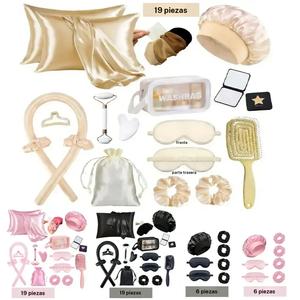 Set de cuidado del cabello para dormir de 19 piezas, incluye rizador sin calor, funda de almohada de satén, gorro para dormir, antifaz, masajeador del cuero cabelludo, rodillo de jade, uso nocturno para mujeres