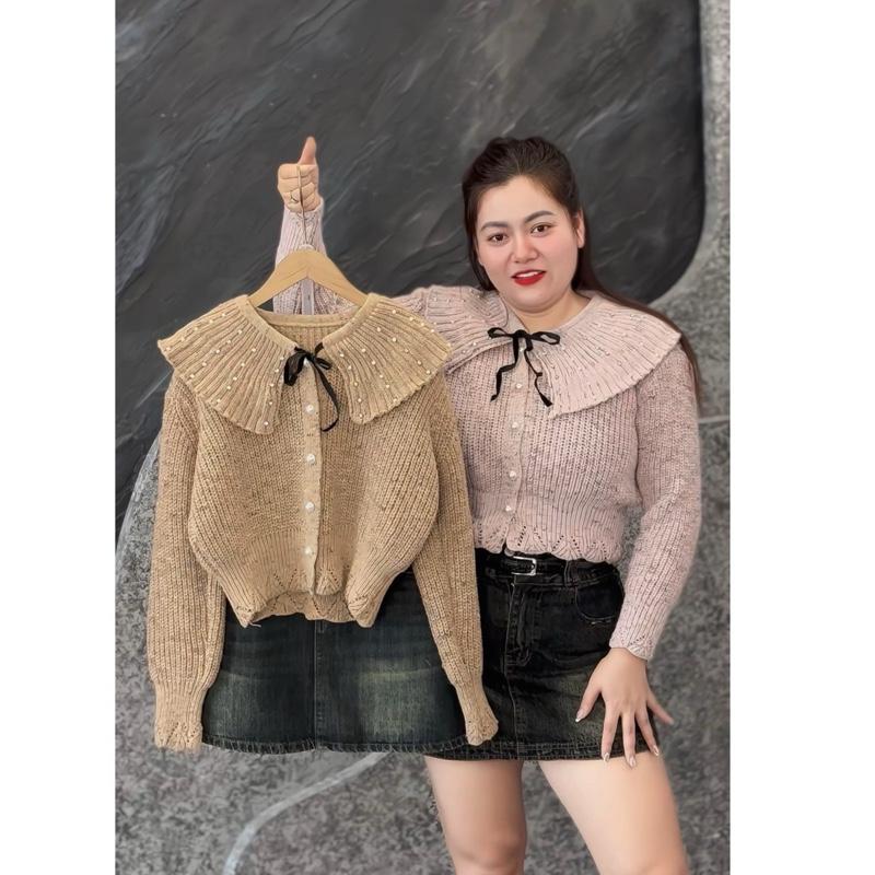 556 BIGGSIZE Áo len nữ dài tay cổ bèo đính đá buộc nơ cúc ngọc