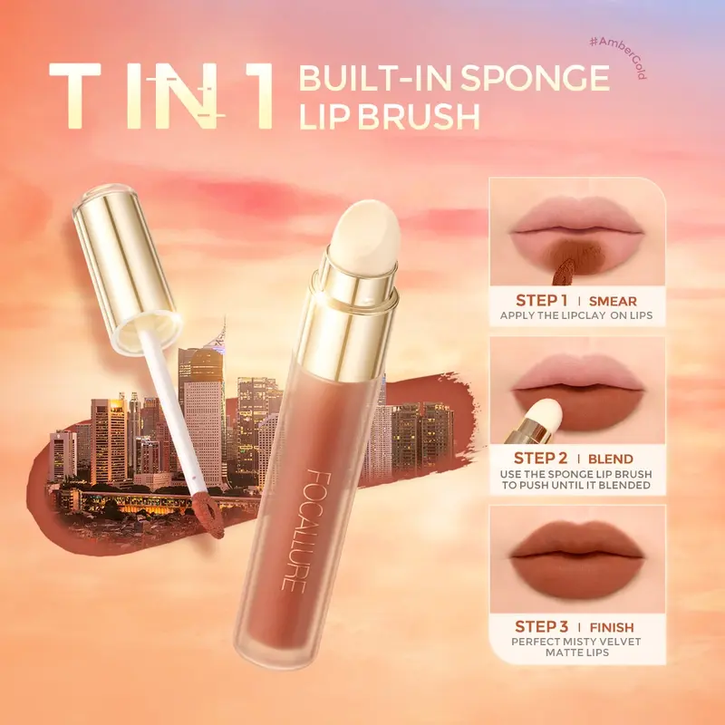 FOCALLURE#AmberGold Velvet Matte Lip Clay Multi-use Sponge Lip Brush 4