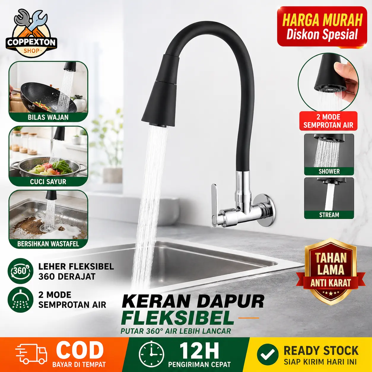 Kran Angsa SUS304 Anti Karat - Kran Cuci Piring Hitam Promo Harga
