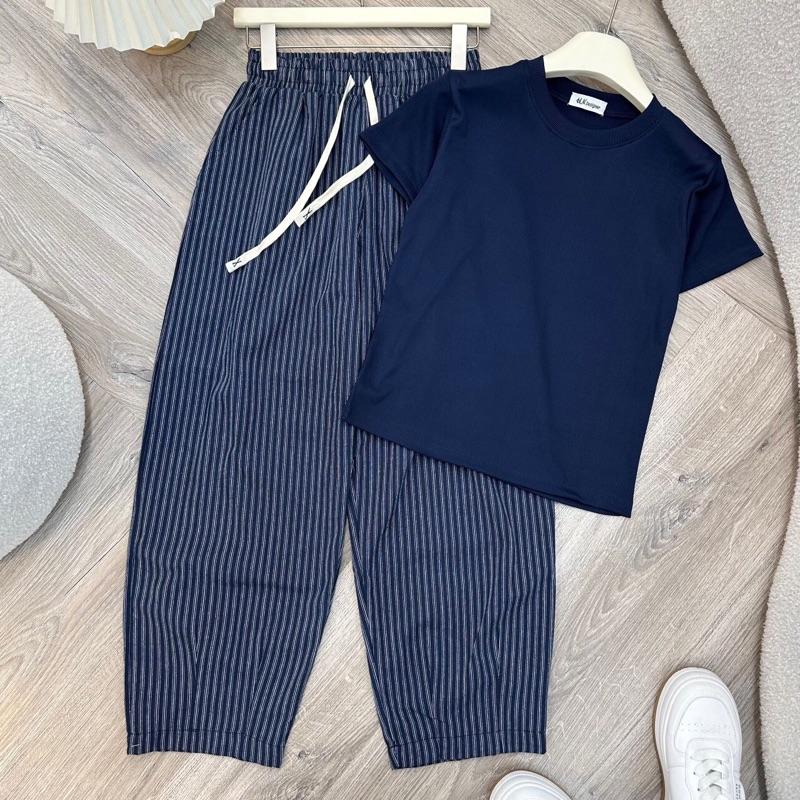 Q31 Set [áo thun gân + quần sọc] form 40-58kg vừa , phù hợp di chơi , đi biển , mang nhà thoải mái chiều dài quần 93cm