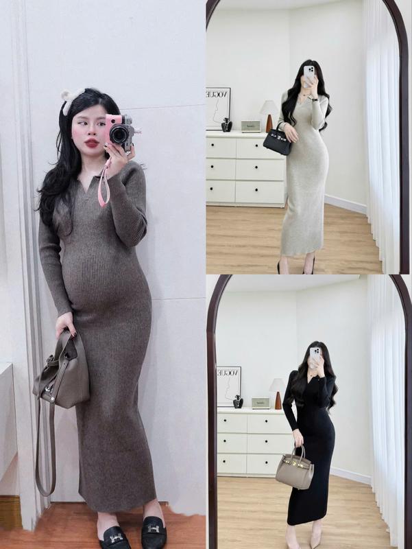 Mina clothing Váy body len gân cổ đức TH40 chất len đanh mềm co dãn thời trang mẹ bầu mặc xinh đi chơi đi làm