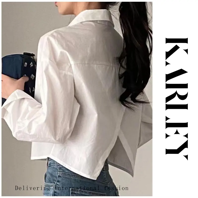 KARLEY Korean Kemeja Crop Wanita Lengan Panjang Kemeja Putih variasi atasan