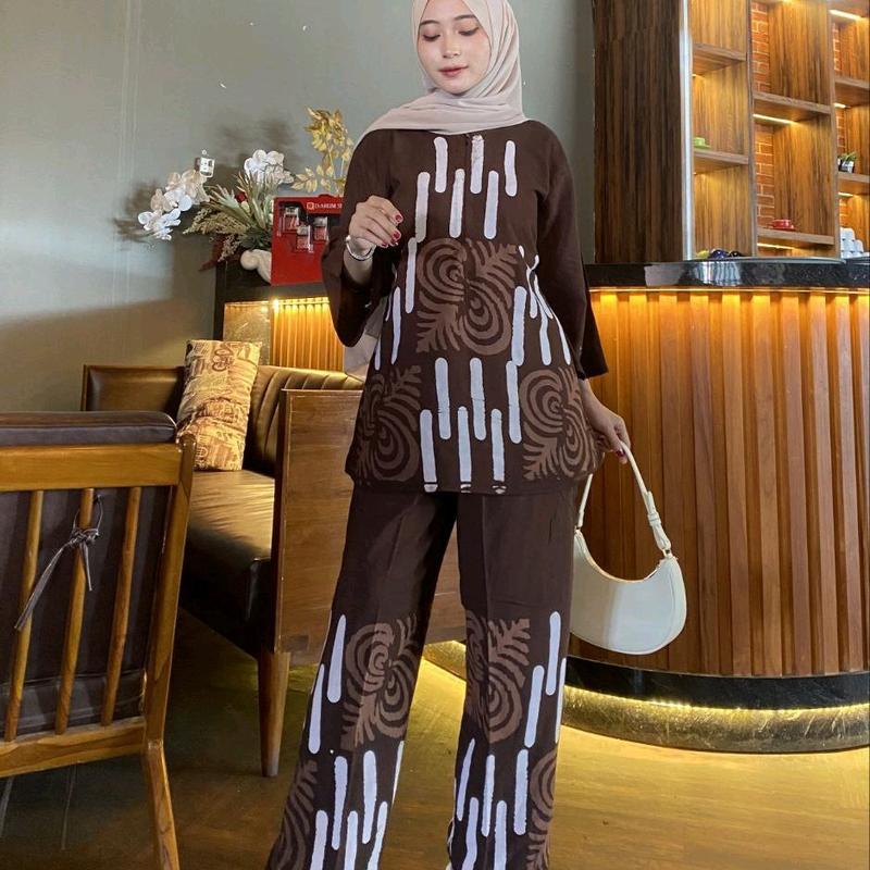 Baju Wanita Trendy Set Coklatan Terbaru By Samudra Batik - Celana 0