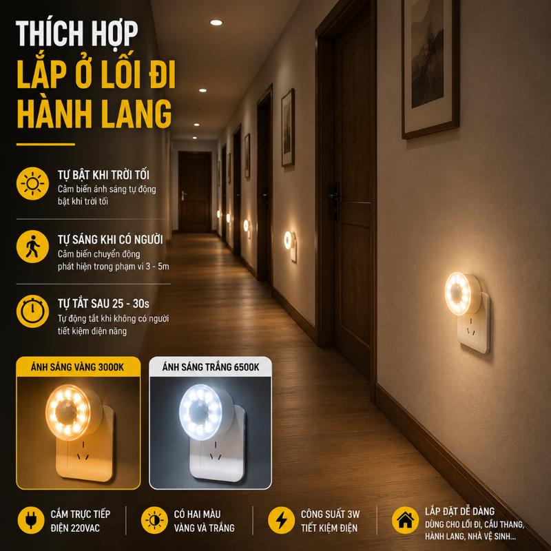 Đèn cảm biến tự động sáng đèn phát hiện chuyển động con người tự bật tắt lắp cầu thang, nhà vệ sinh, lối đi lại LED 3W