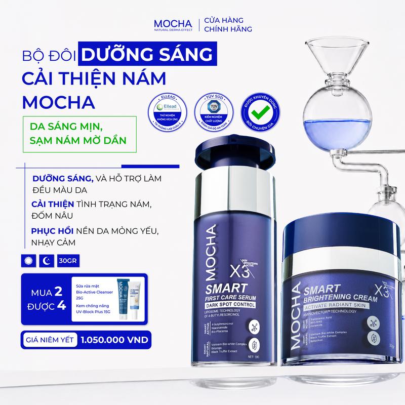 Combo Kem Giảm Sạm Nám Chuyên Sâu MOCHA & Tinh Chất Làm mờ thâm Nám từ Tầng Sâu, Gồm 4 sản phẩm: Kem Nám Mocha 30gr, Serum Nám Mocha 30ml Tặng Sữa Rửa Mặt + Kem Chống Nắng Skin care premium skin Chăm Sóc Da Nám, Tàng Nhang