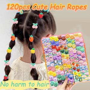 120pcs Cute Children Hair Ropes Colorful Flowers Bow Star Heart Rainbow Animal Fruit Strawberrer Girl Long Hair French Braid Ponytail Party Performance Chrismas Gifts Hair Ties
