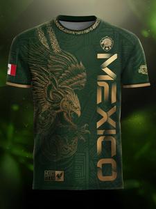 Camiseta de fútbol “México Águila Dorada”, diseño de estilo azteca con guerrero, corte ajustado y casual, manga larga, estampado integral para todas las estaciones