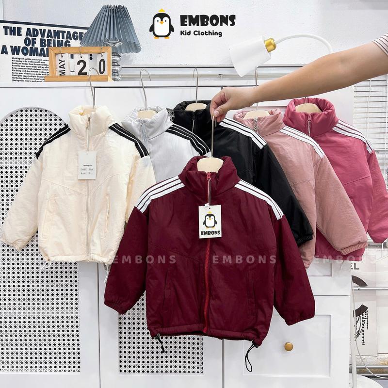 Áo khoác gió trần bông kẻ sọc cho bé từ 10-32kg vải dù dày dặn ấm áp dễ thương túi khóa kéo tiện lợi EMBONS