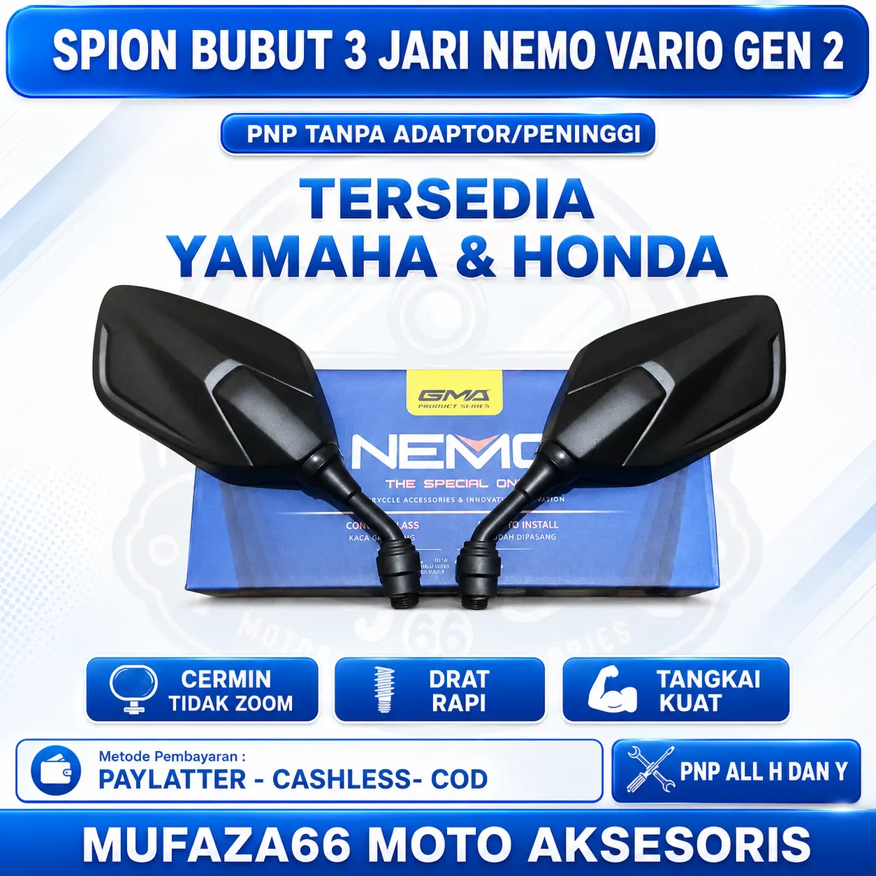 Spion Nemo Vario Gen 2 Original Bubut 3 Jari Tangkai Pendek Tanpa Adaptor PNP Honda & Yamaha