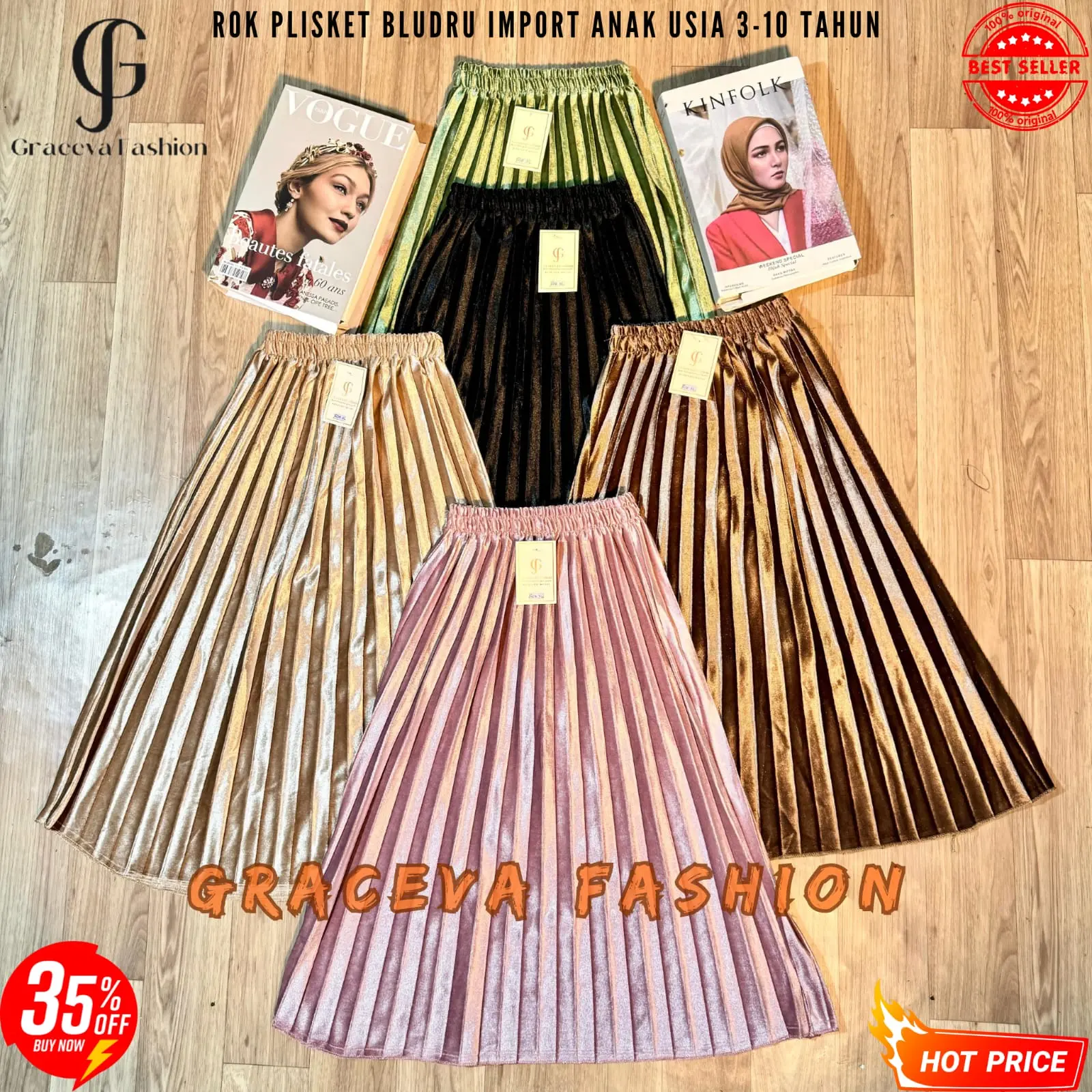 Rok Plisket Anak Bludru Import - Skirt Pleats Bludru Velvet Anak Perempuan 3-10 Tahun
