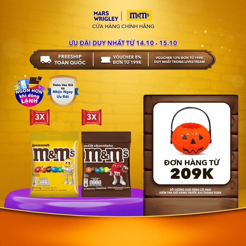 Combo 6 gói kẹo sô cô la sữa & sô cô la đậu phộng M&M's 90g (90gx3 + 90gx3) socola