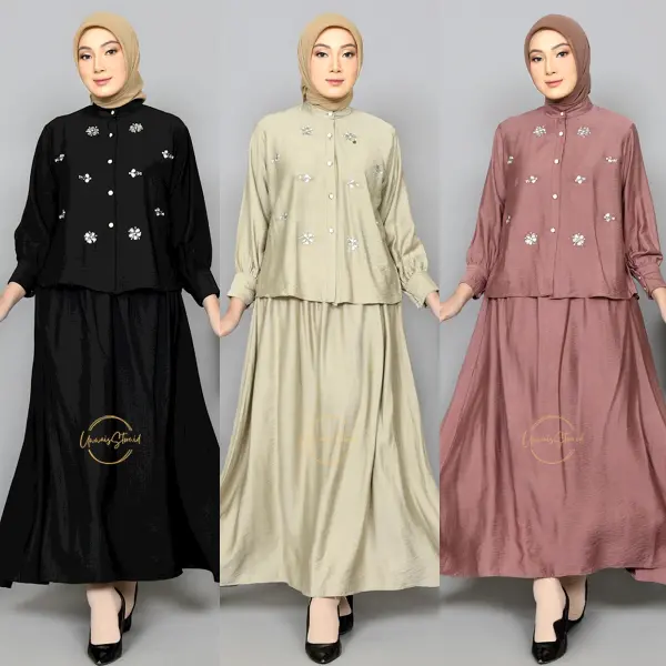 CLARA One Set Wanita Payet Mewah Linen Setelan Atasan Rok Kekinian 8