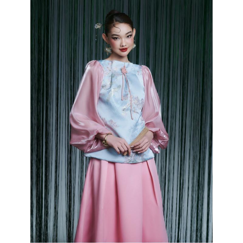  Áo gấm Hồng Lam – Áo gấm tay dài TẾT thiết kế GLORIOUS chất gấm hoa cao cấp form truyền thống 