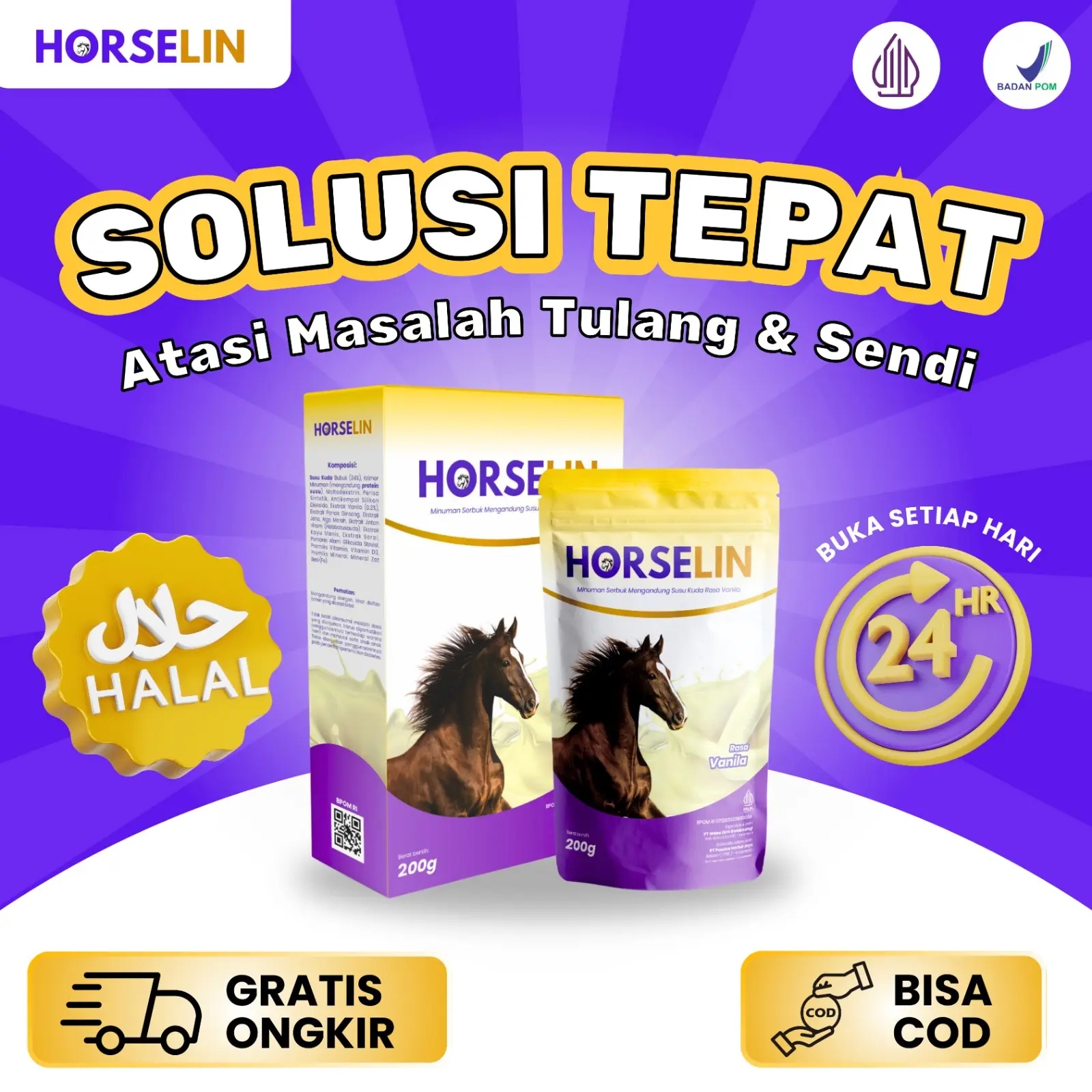 HORSELIN Susu Kuda Liar Sumbawa Premium Atasi Nyeri Sendi Tulang Asam Urat Pegal Linu Original 200gr
