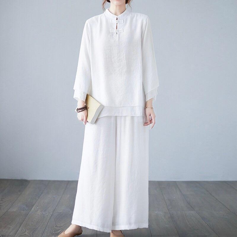[Thiền Trà]Bộ Thiền Nữ An Vân – Tơ Đũi Mềm Mịn Cao Cấp, Form Rộng, 3 Màu Thanh Nhã | Size M–2XL 2