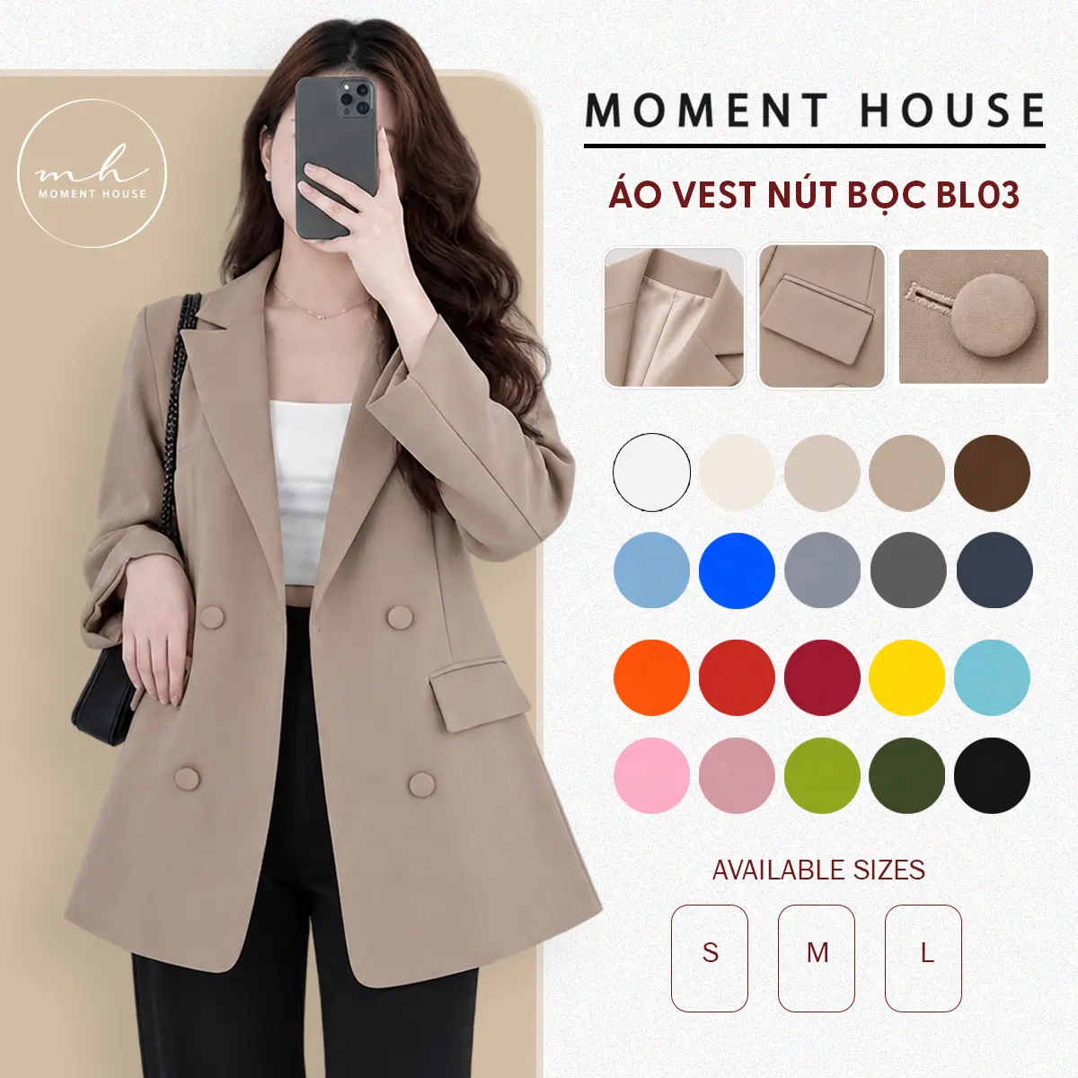 Áo VEST NÚT BỌC NỮ- BL03, có đệm vai, chiết ben eo, nút bọc may 2 lớp, form lên chuẩn hack dáng siêu đẹp Jacket Nhung Women Jean