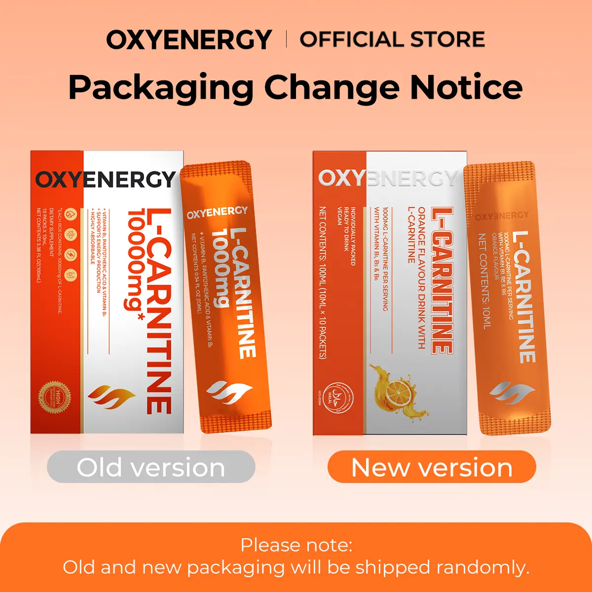 [Upgrade]OXYENERGY  L-carnitine Orange Sport Drink | On-the-Go Packs, 10000mg, 10 Packets/Box