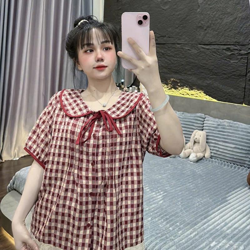   Bigsize 60-90kg  set đồ bộ đùi ngủ mặc nhà dễ thương ao caro cộc tay + quần đùi chất đũi nhung 