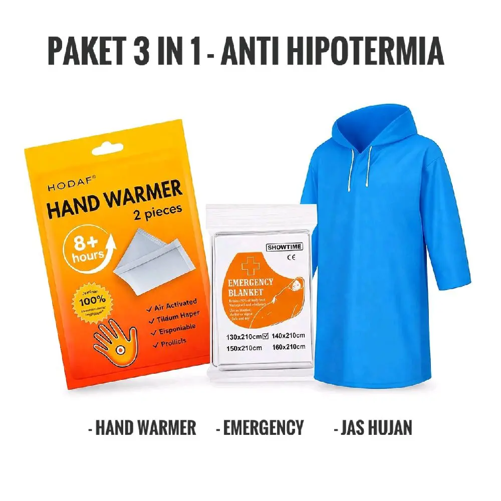 Paket treking hand warmer emergency blanket jas hujan di dalam paket sudah dapat 3 produk yang wajib dibawa saat treking hiking mendaki camping dan kegiatan outdoor