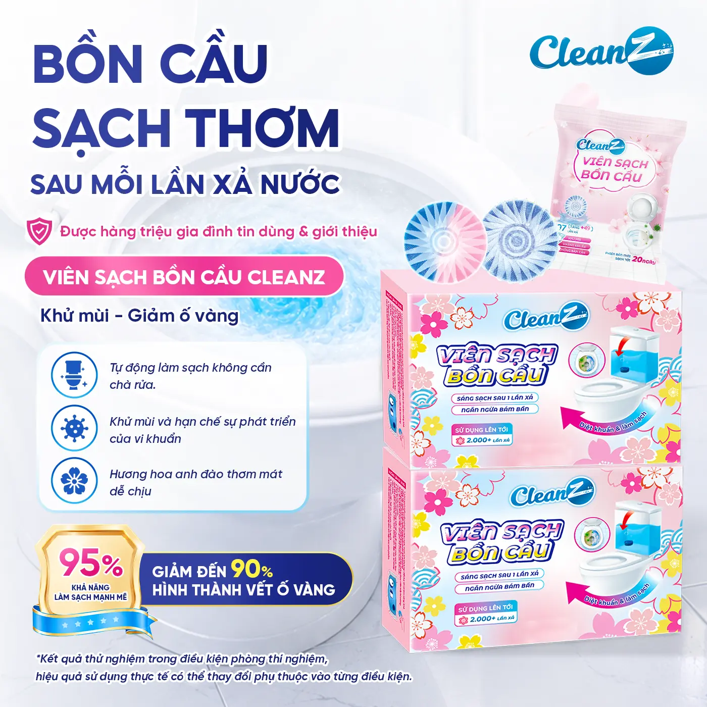 [MUA 1 ĐƯỢC 2] Viên Sạch Bồn Cầu CleanZ sạch khuẩn thơm mát làm sạch mảng bám khử mùi diệt vi khuẩn toilet thế hệ mới hương đào 50g/gói