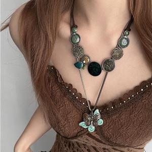 Kalung Loket Rama-rama Etnik 🌿 | Rantai Panjang Vintage Hijau Berlapis | Perhiasan Wanita Unik & Stylish | Untuk Harian/Pesta/Trending 2025 Earrings Jewelry Necklaces