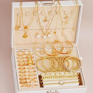 56Pcs New Fashion Womens Geometric Imitation Pearl Jewelry Set - Necklace Bracelet Ring Accessories (Excluding Box)