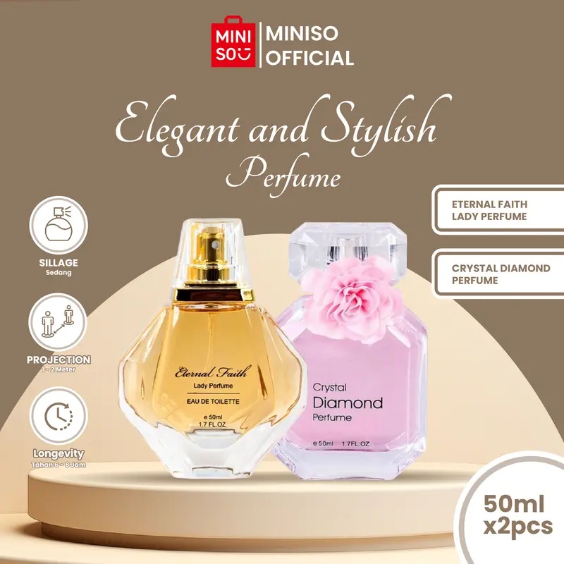 【2 IN 1 BUNDLE】MINISO Crystal Diamond + Eternal Faith Women Official Parfum wanita EDT Perfume 50ml*2 minyak wangi wanita parfum tahan lama Bunga Red 0