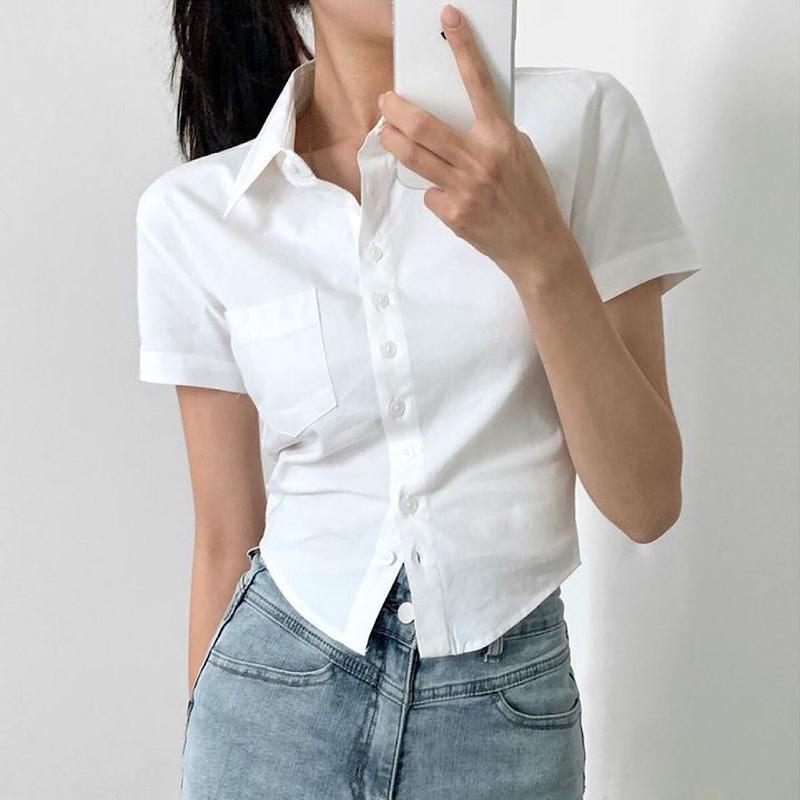Product Introduction of Short Sleeve Blouse For Women Korean Style White Sexy Slim Fit Casual Fashion Elegant Polo Shirt 2024 Summer Solid Color Office Wear 5